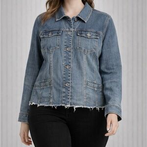 Chico’s Platinum Denim Jacket Frayed Hem Stretch Jean Jacket Size 2